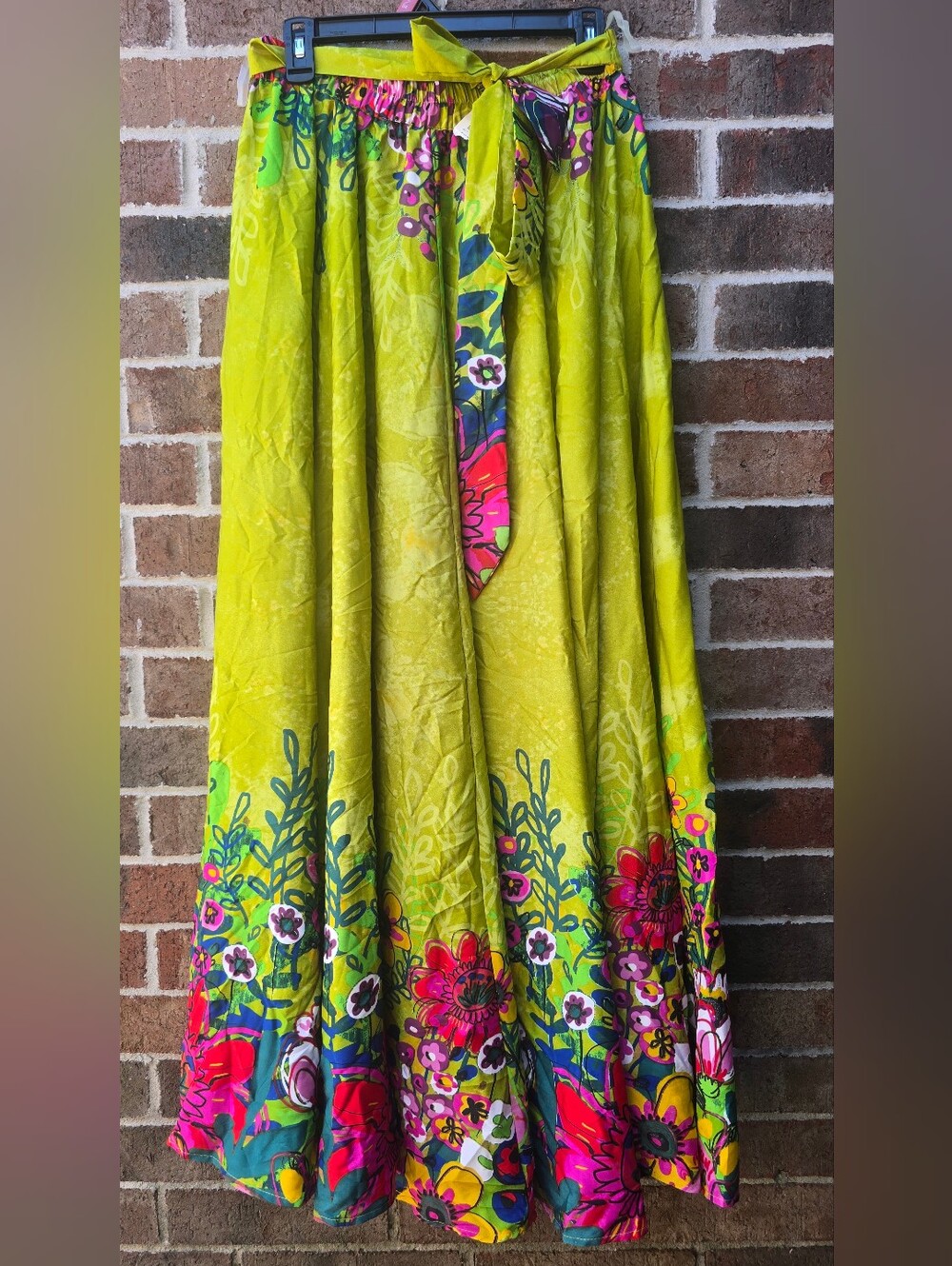 Truly 4 You NWT Floral Maxi Skirt Small Lime Green Pink Boho Tie Waist